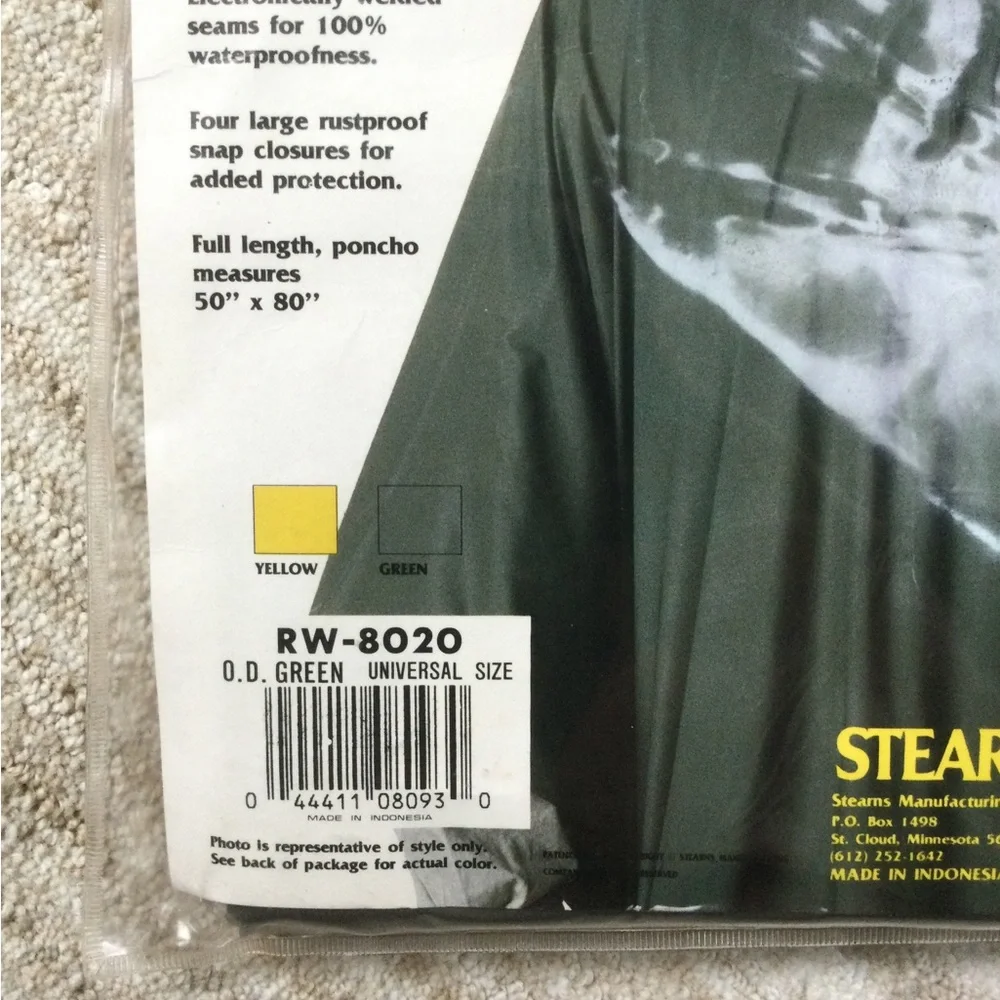 NWT Stearns RainGard Rain Poncho Hooded Jacket Waterproof in Green OSFM